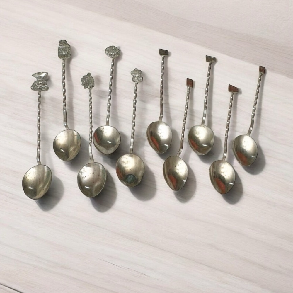 10 Vintage/Antique Native American Silver Tone or Plated Twist Handle Spoons